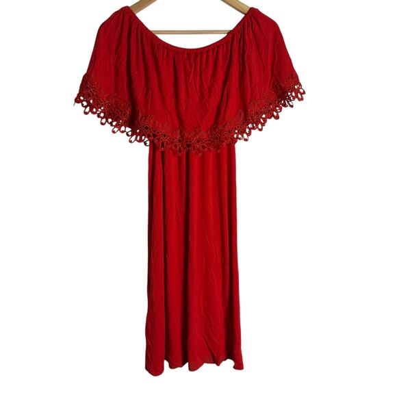 Chico’s Runway Red Embroidered Hem Off the Shoulder Knee Length Dress Size 6 - Picture 9 of 11